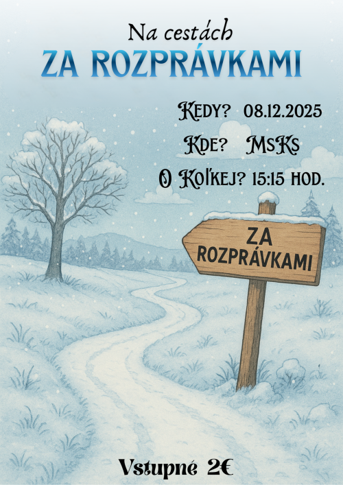 Zimná krajina s drevenou tabuľou a pozvánkou na vianočný program materskej školy