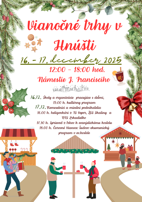 Znázornená tržnica, vianočná girlanda a pozánka na vianočné trhy